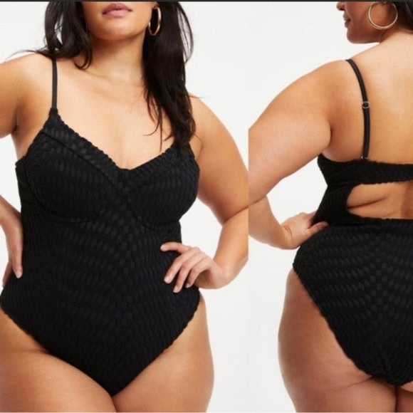 New Good American Black Jacquard Show Off One Piece Swimsuit Underwire Sz 5 - Picture 2 of 16